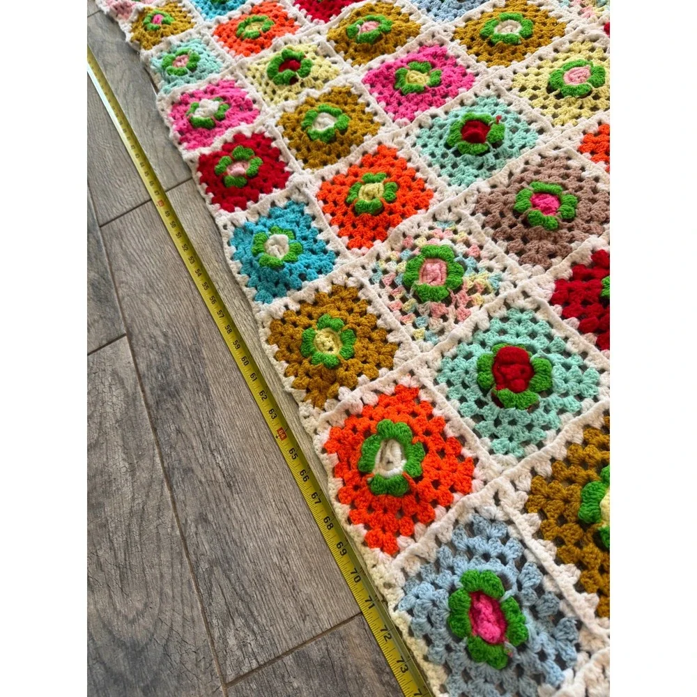 Crochet Granny Square Blanket Quilt Floral Retro Afghan Rainbow Throw Handmade
